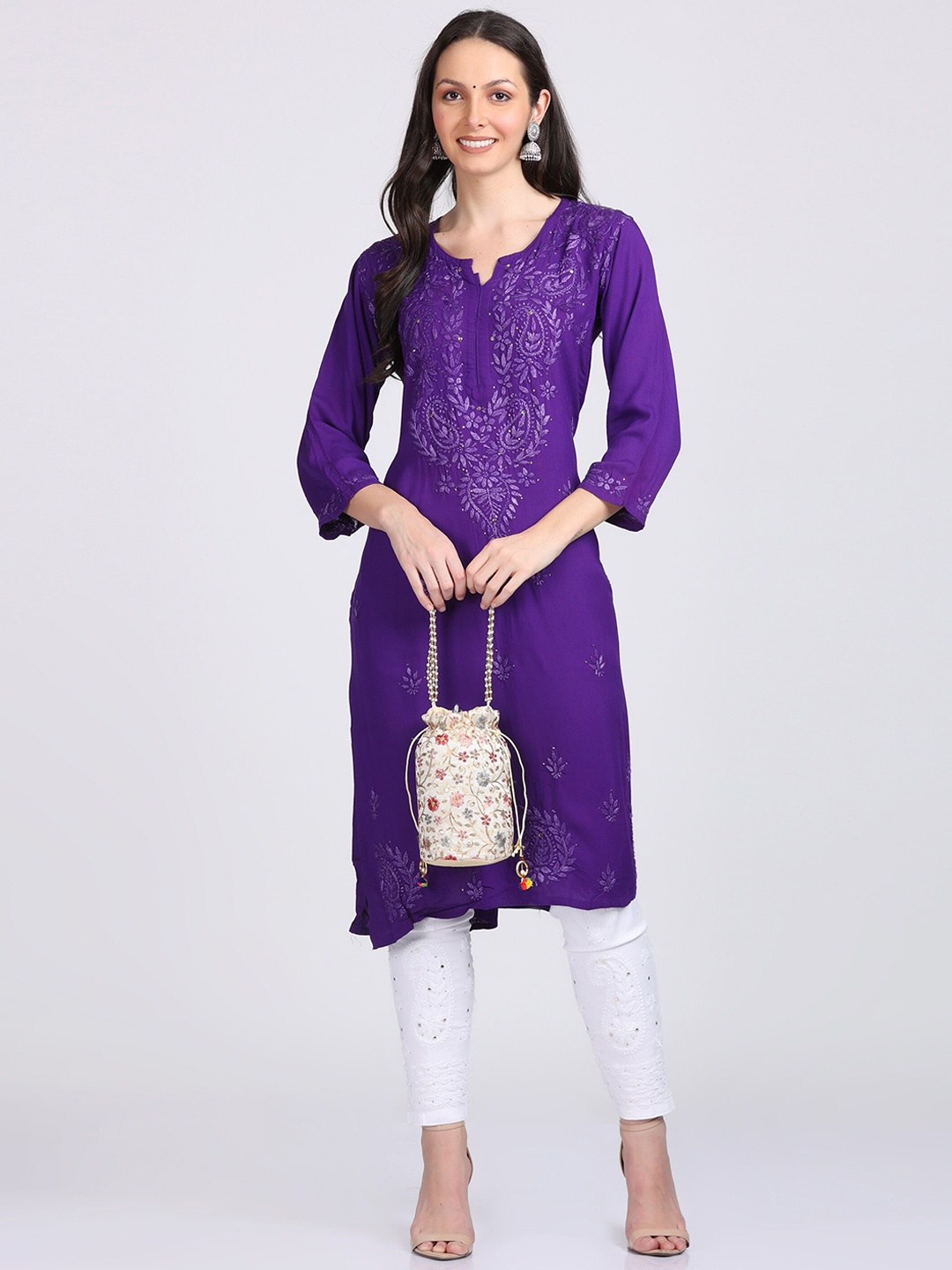 

KHAKA Floral Embroidered Chikankari Straight Kurta With Trouser, Purple