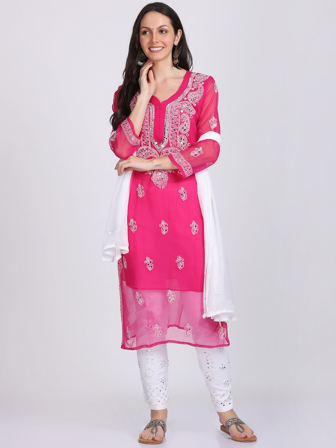 

KHAKA Ethnic Motifs Embroidered V-Neck Georgette Chikankari Straight Kurti Set, Magenta