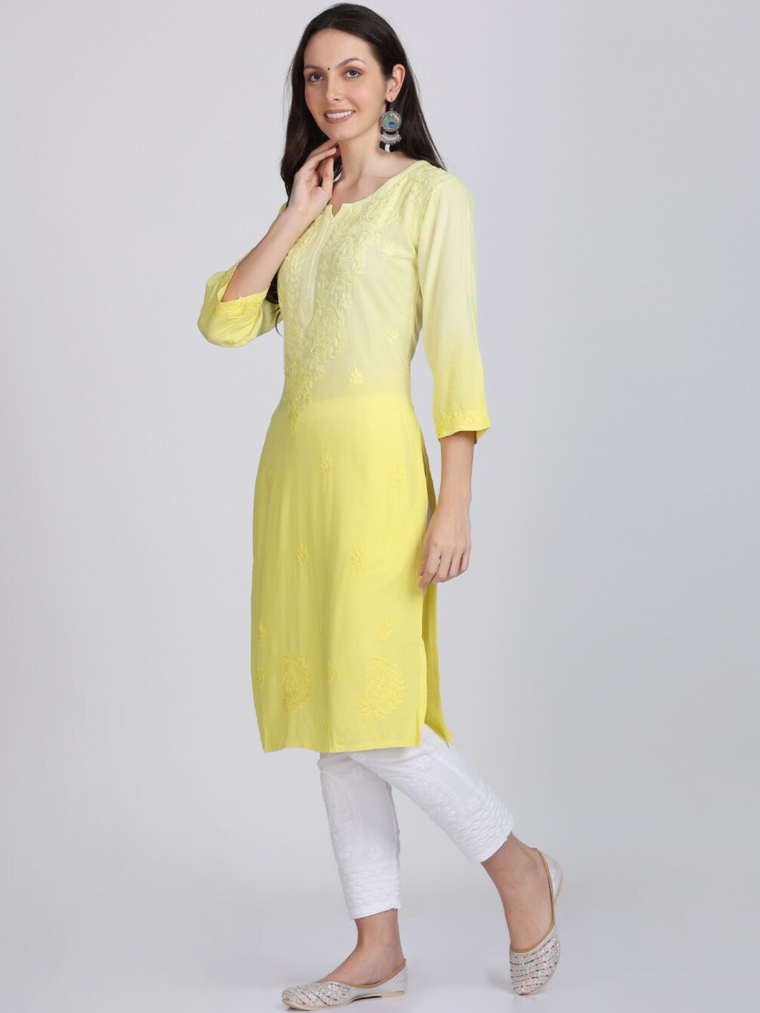 

KHAKA Floral Embroidered Notch Neck Chikankari Straight Kurta with Trousers, Yellow