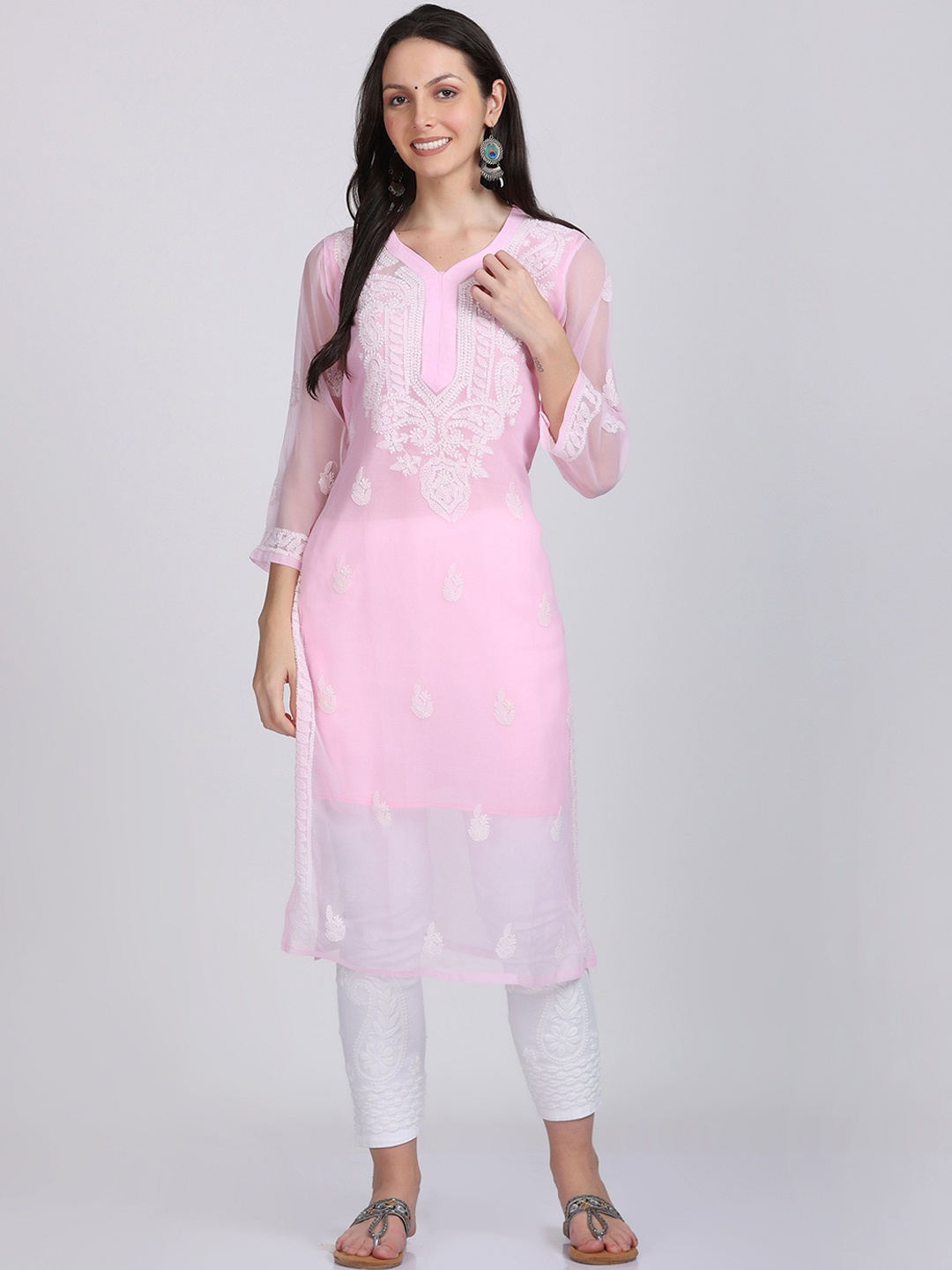 

KHAKA Ethnic Motifs Embroidered V-Neck Chikankari Straight Kurta with Trousers & Dupatta, Pink