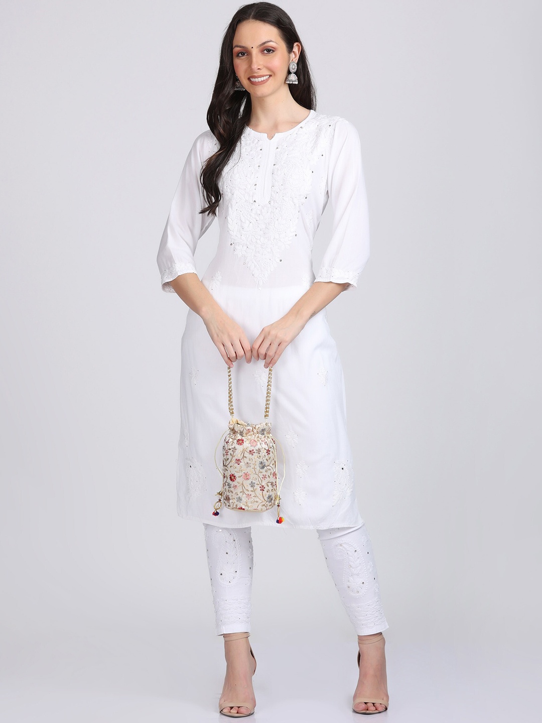 

KHAKA Ethnic Motifs Embroidered Round Neck Chikankari Straight Kurti with Trousers, White