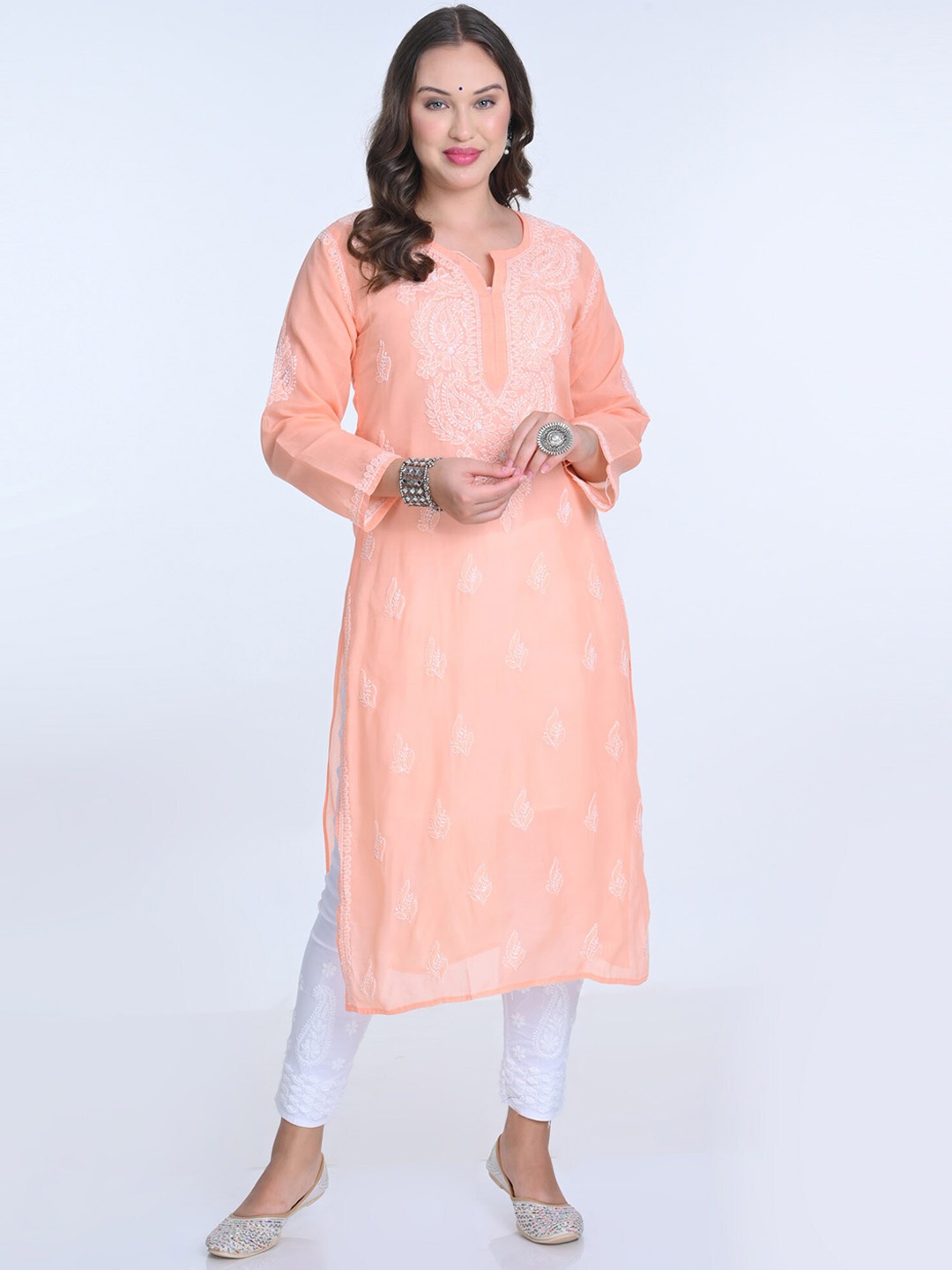 

KHAKA Women Floral Embroidered Regular Chikankari Kurta with Trousers, Rose