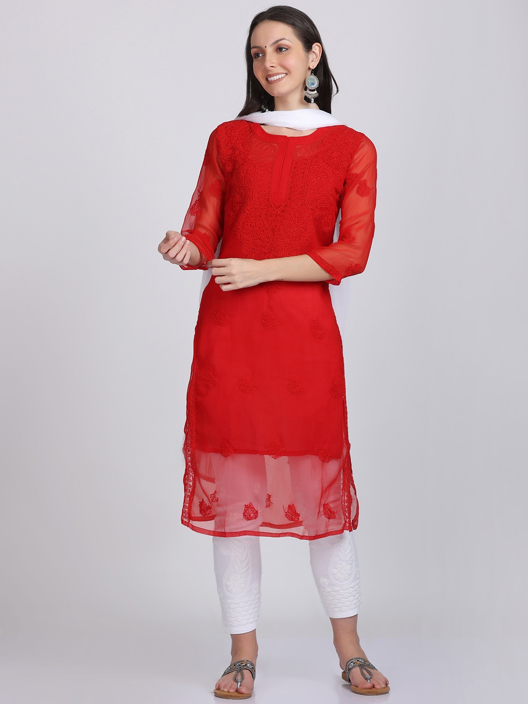 

KHAKA Women Floral Embroidered Chikankari Straight Kurta With Trousers & Dupatta, Red