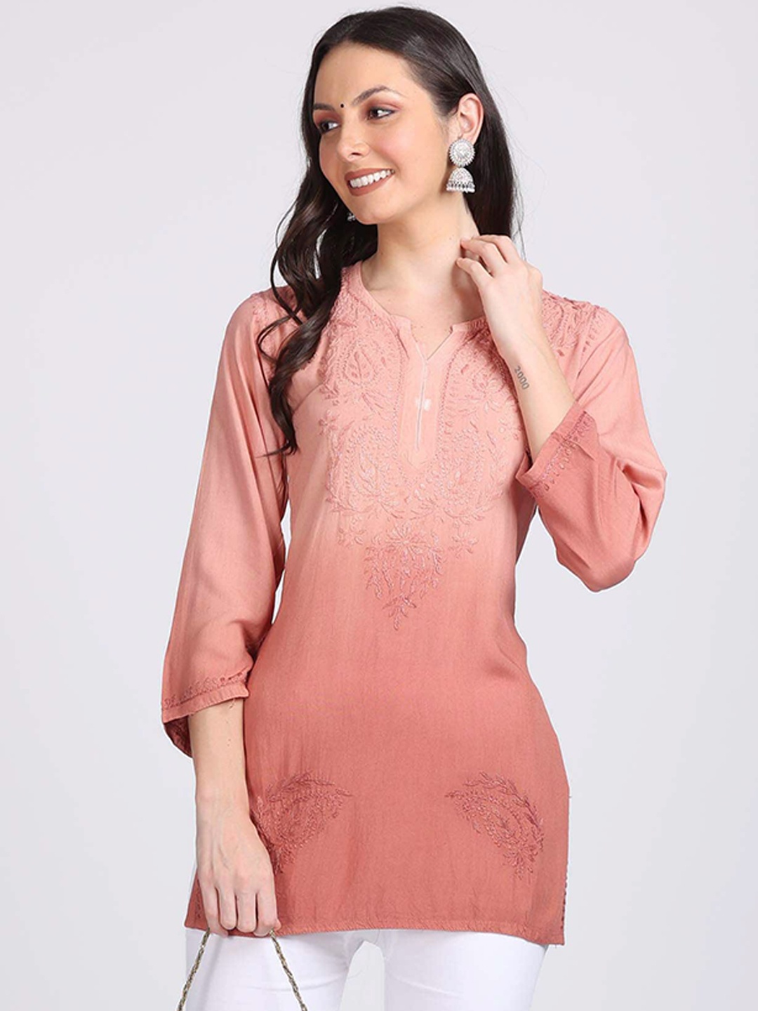 

KHAKA Women Embroidered Regular Chikankari Kurti with Trousers, Brown