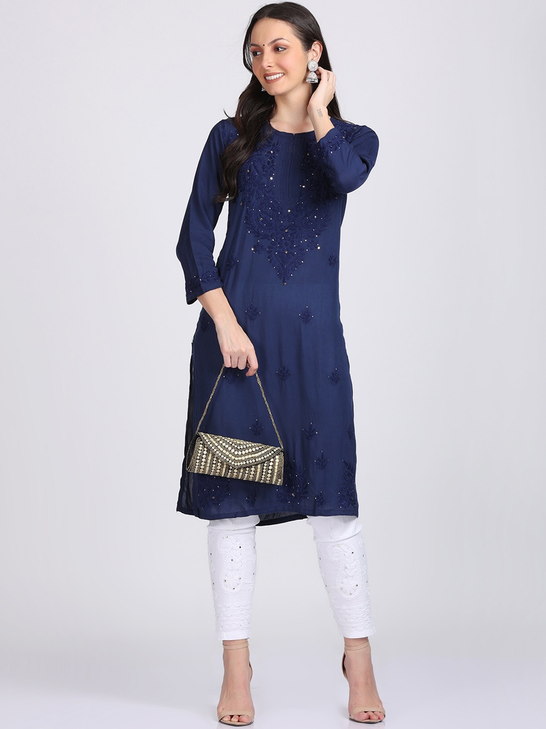 

KHAKA Floral Embroidered Regular Chikankari Straight Kurta With Trousers, Navy blue