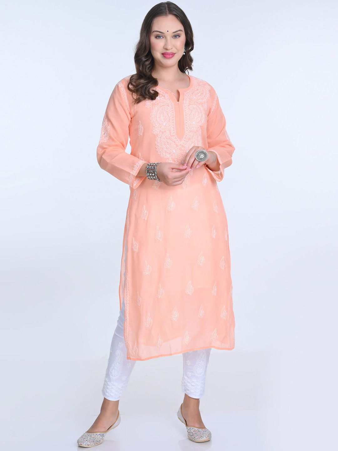 

KHAKA Women Ethnic Motifs Embroidered Regular Chikankari Kurta with Trousers, Peach