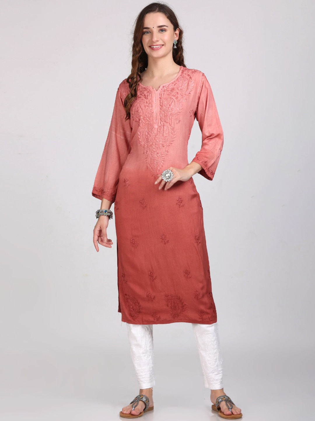 

KHAKA Floral Embroidered Notched Neck Chikankari Straight Kurta with Trousers, Brown