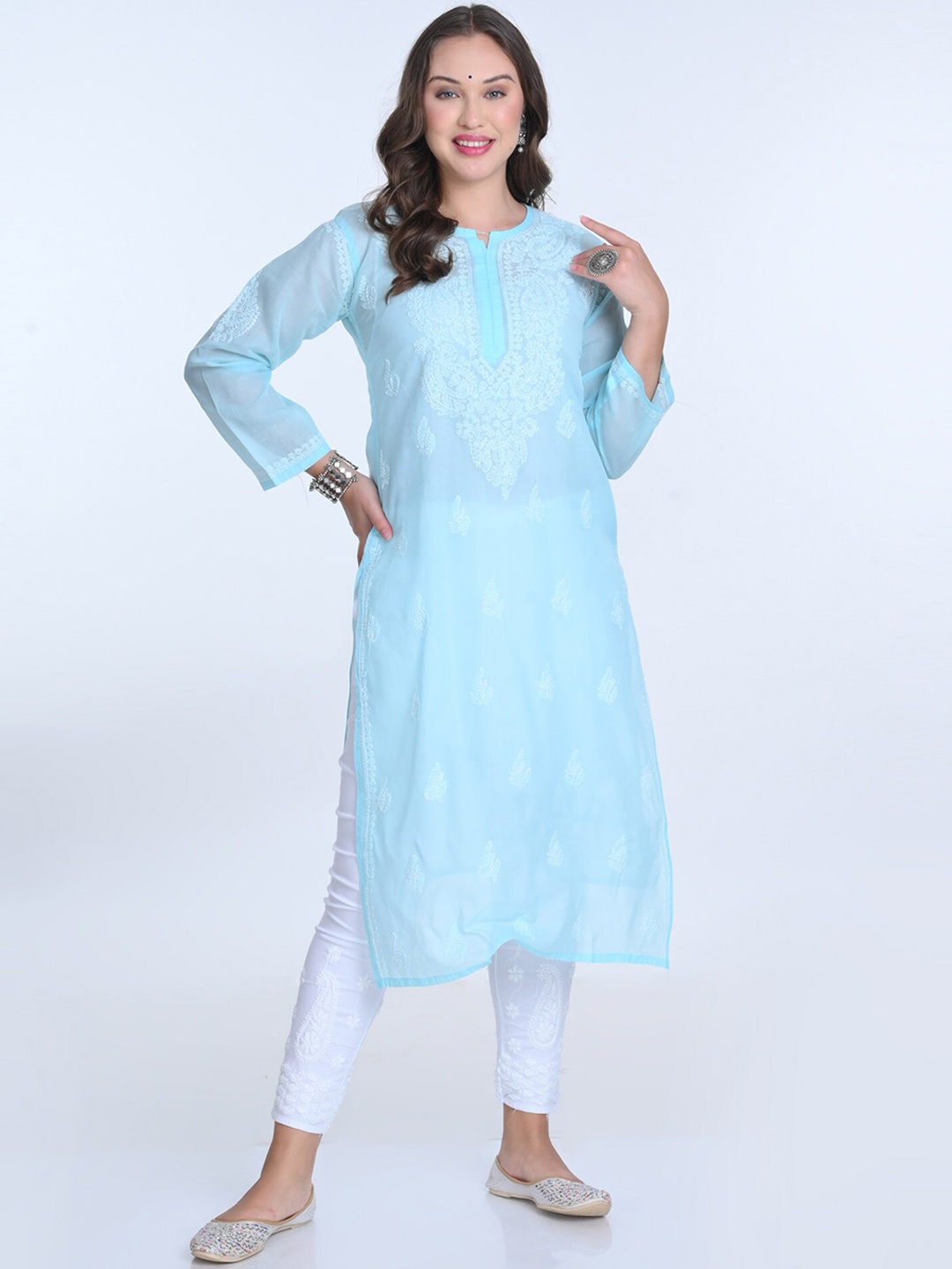 

KHAKA Women Floral Embroidered Regular Chikankari Kurta with Trousers, Blue