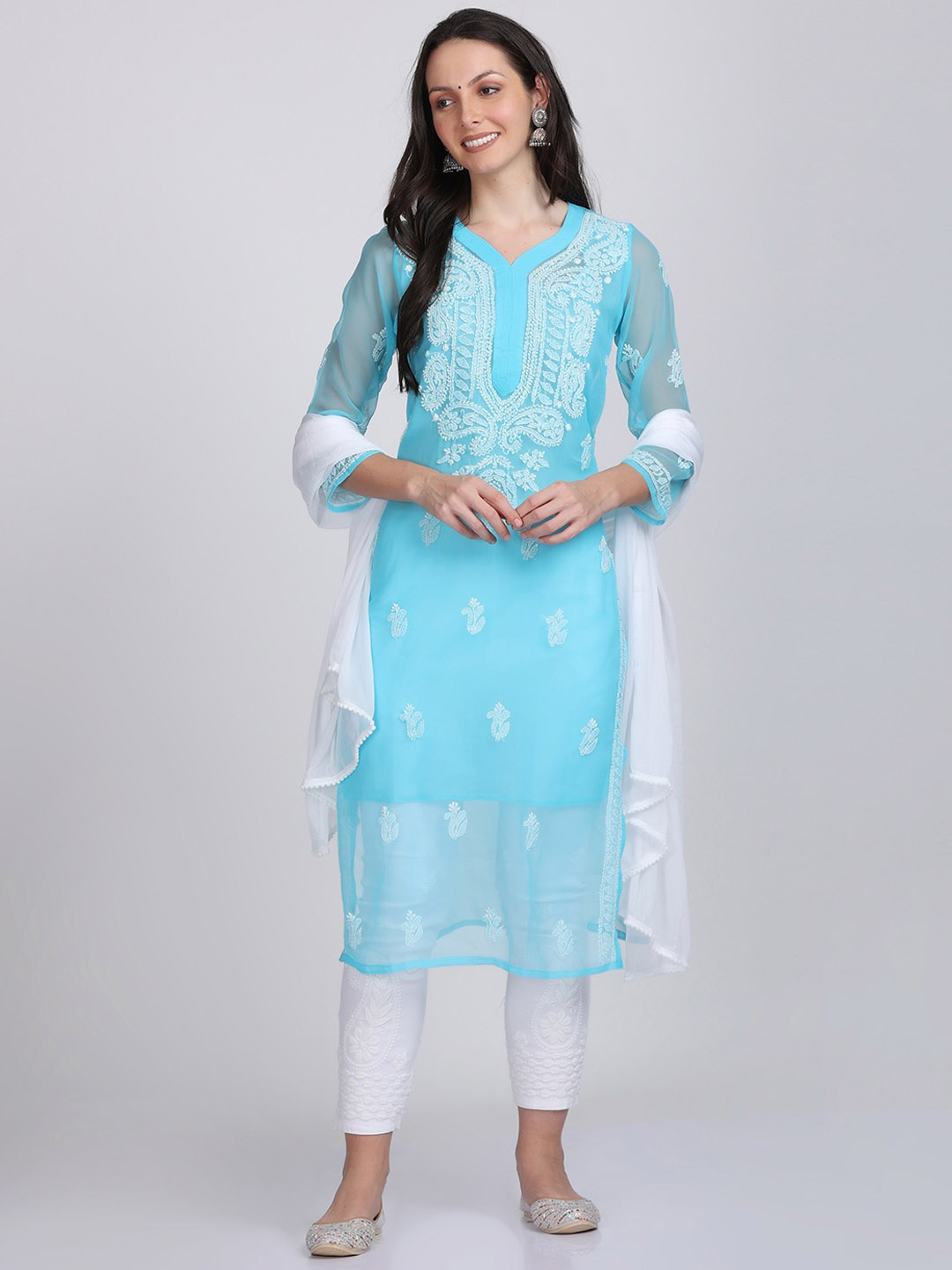 

KHAKA Ethnic Motifs Embroidered V-Neck Chikankari Straight Kurta with Trousers & Dupatta, Blue