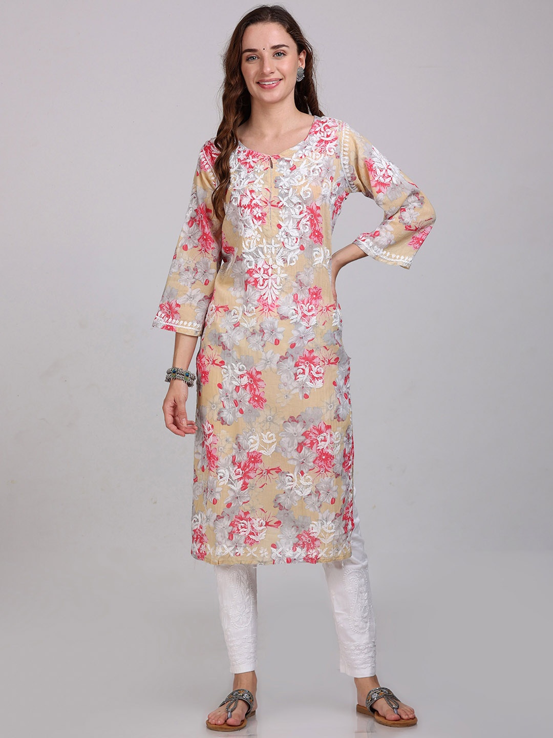 

KHAKA Floral Embroidered Round Neck Chikankari Straight Kurta with Trousers, Beige
