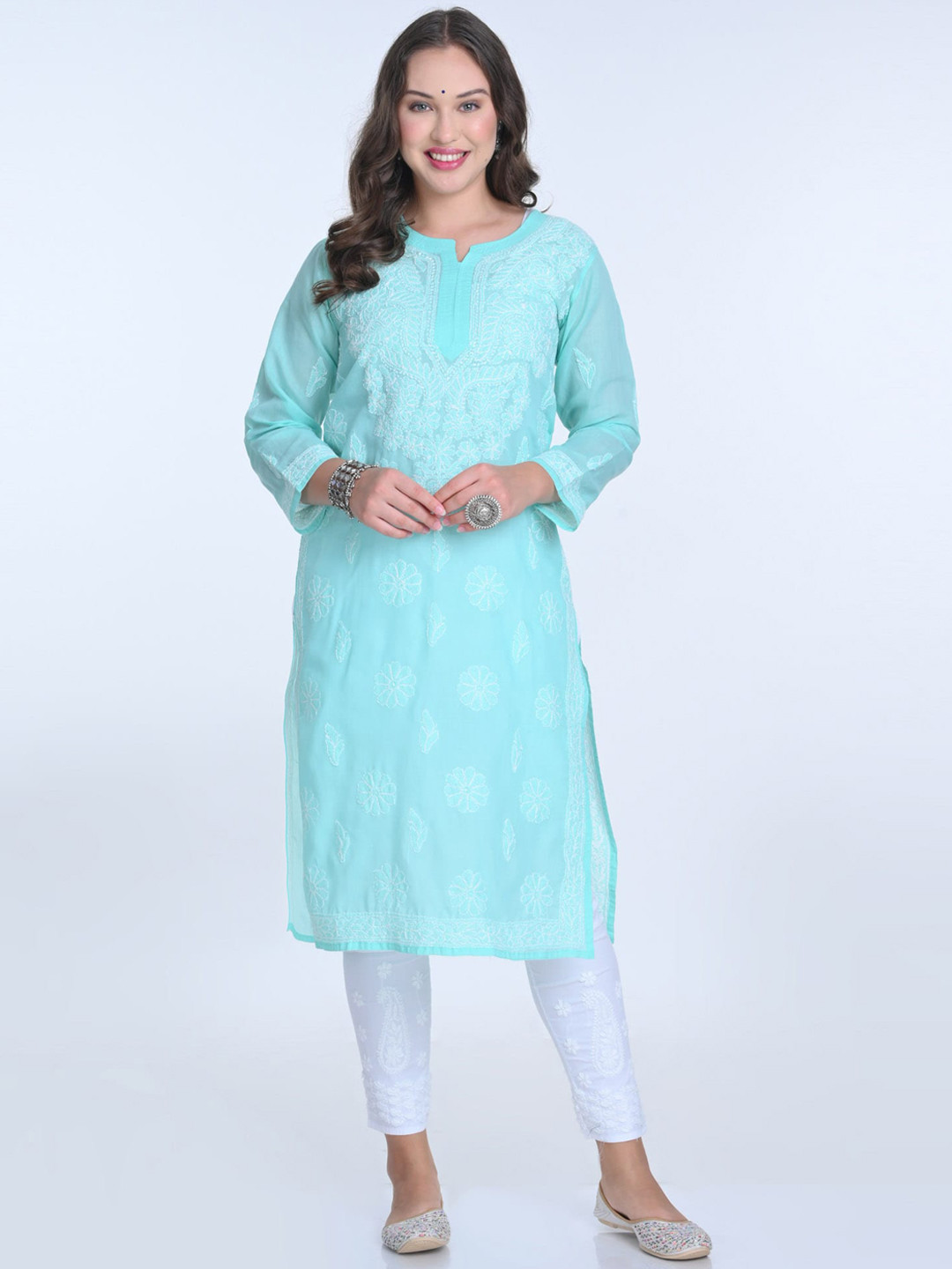 

KHAKA Women Floral Embroidered Regular Chikankari Kurta with Trousers, Sea green