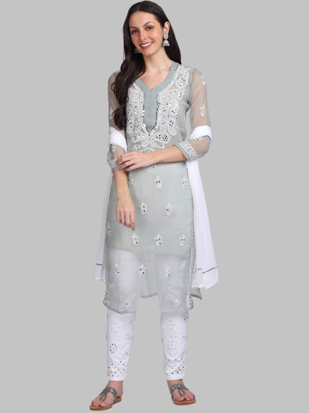 

KHAKA Floral Embroidered V-Neck Chikankari Straight Kurta with Trousers & Dupatta, Grey