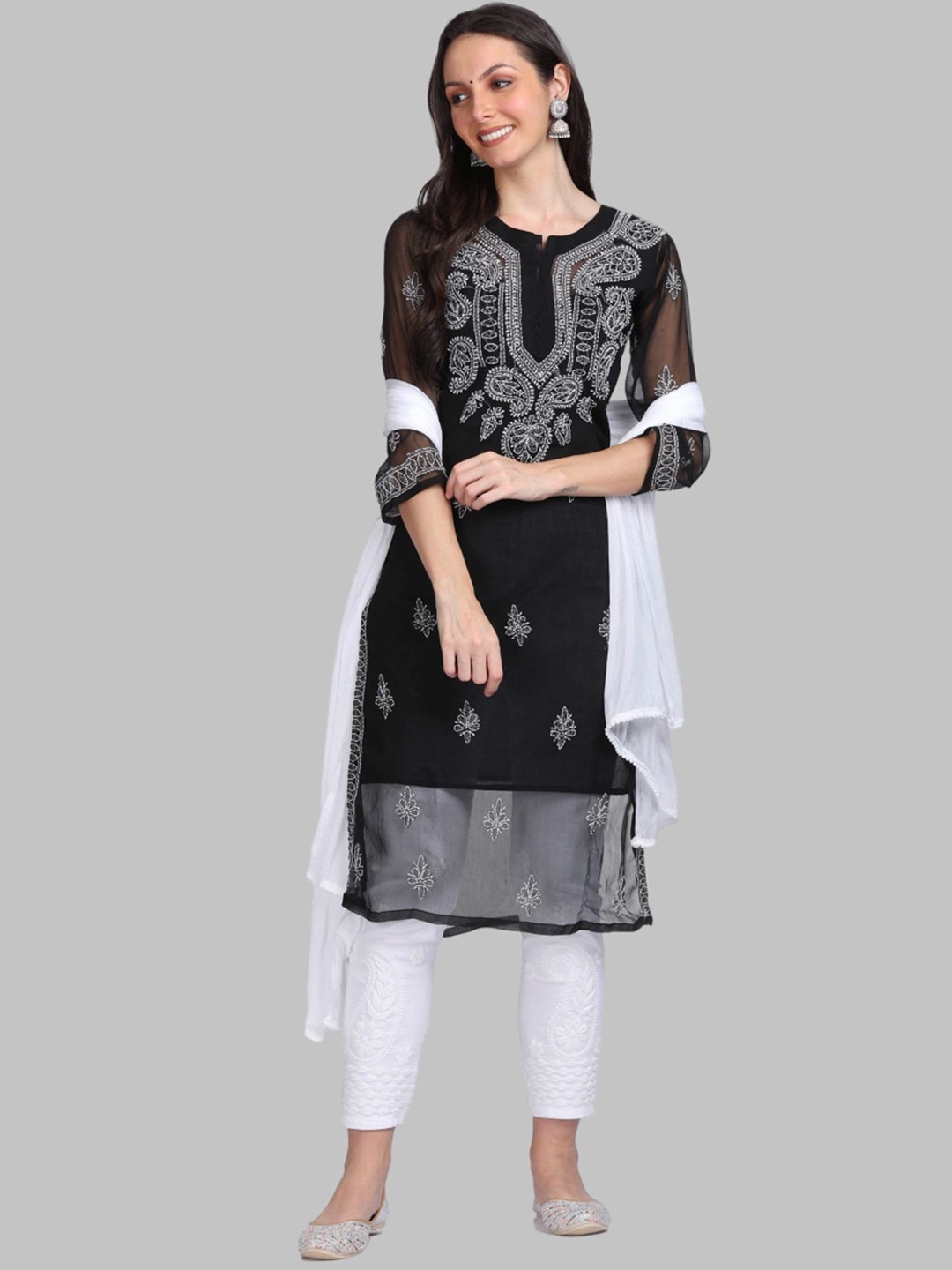 

KHAKA Ethnic Embroidered Round Neck Chikankari Straight Kurta with Trousers & Dupatta, Black