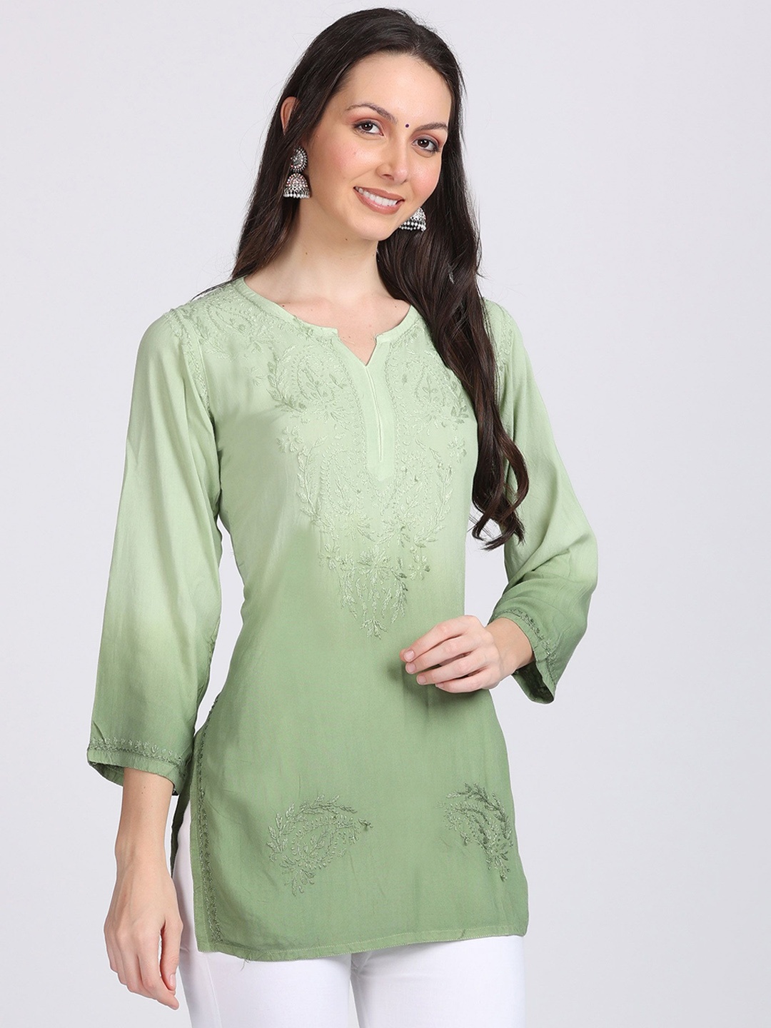 

KHAKA Women Embroidered Regular Chikankari Kurti with Trousers, Lime green