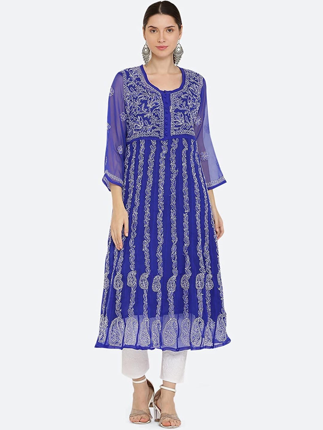 

KHAKA Ethnic Motifs Embroidered Flared Georgette ChikankariA-Line Kurta With Trouser, Blue