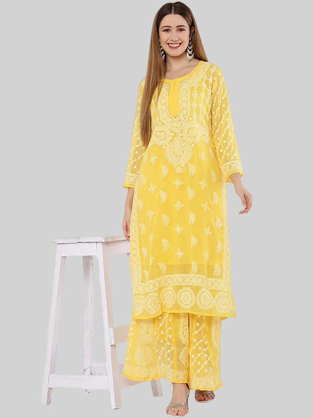

KHAKA Floral Embroidered Round Neck Chikankari Straight Kurta with Sharara, Yellow