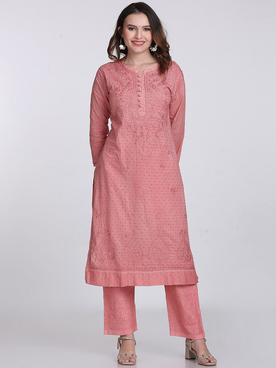 

KHAKA Ethnic Embroidered Round Neck Chikankari Pure Cotton Straight Kurta with Trousers, Peach