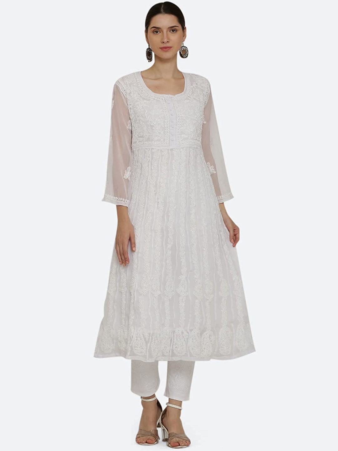 

KHAKA Women Ethnic Motifs Embroidered Panelled Chikankari Anarkali Kurta With Trouser, White