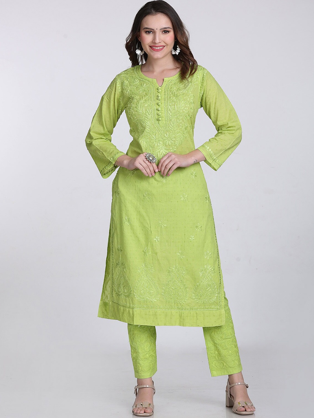 

KHAKA Floral Embroidered Round Neck Chikankari Pure Cotton Straight Kurti with Trousers, Lime green