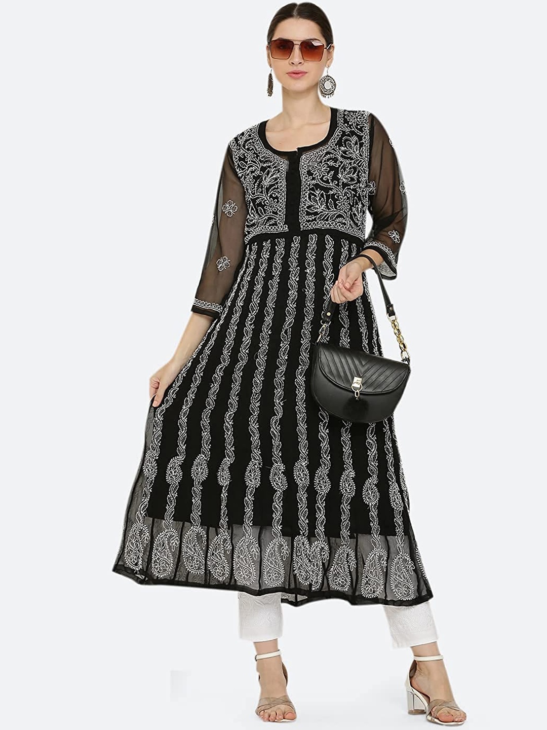 

KHAKA Floral Embroidered Flared Georgette Anarkali Chikankari Kurta With Trouser, Black