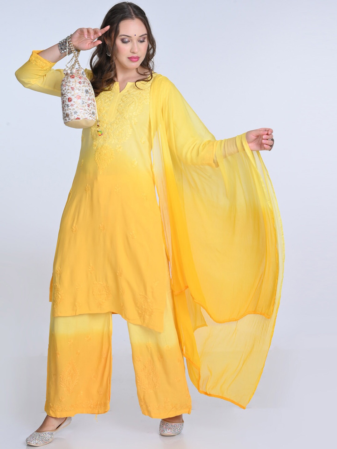 

KHAKA Floral Embroidered Round Neck Chikankari Straight Kurta with Palazzos & With Dupatta, Yellow