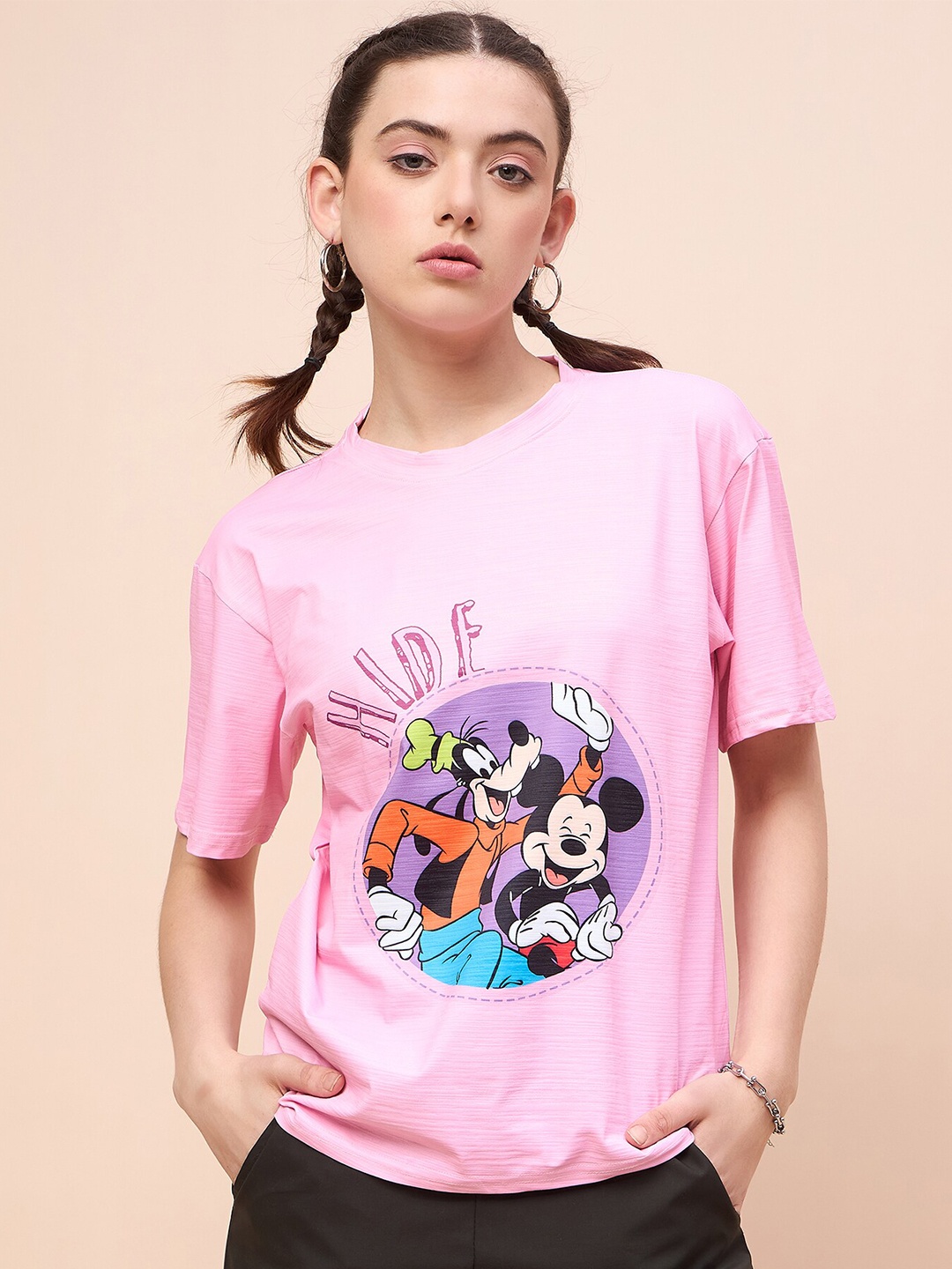 

Disney by DressBerry Pink Relaxed Fit Graphic Printed Mickey Mouse T-shirt