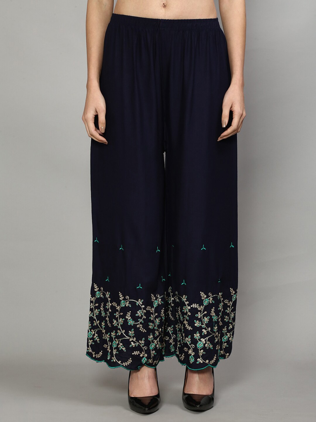 

Jinfo Women Embroidered Flared Knitted Palazzos, Navy blue