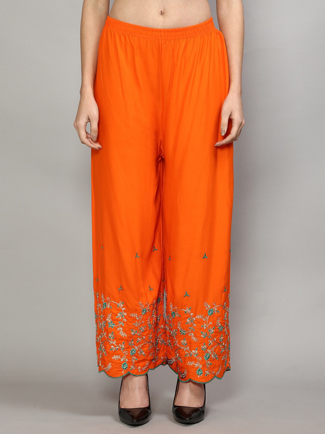 

Jinfo Women Floral Embroidered Knitted Palazzos, Orange