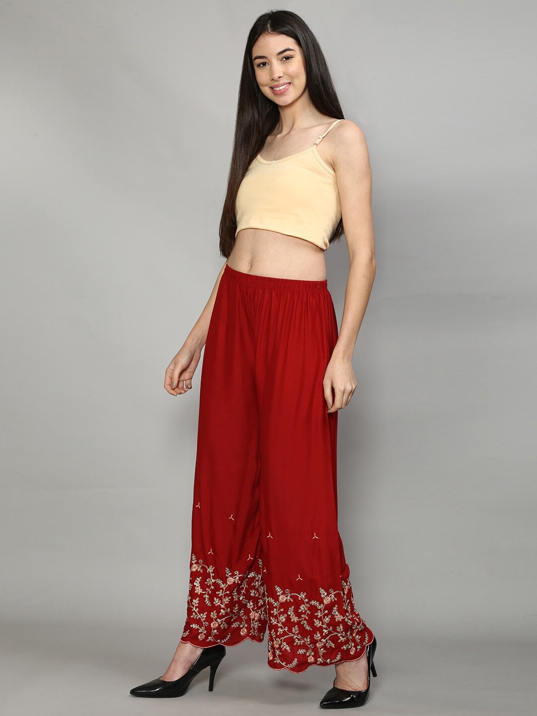 

Jinfo Women Floral Embroidered Knitted Palazzos, Maroon