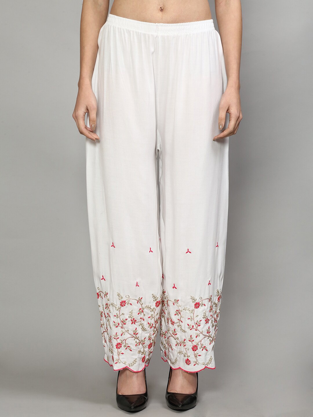 

Jinfo Women Floral Embroidered Knitted Palazzos, White