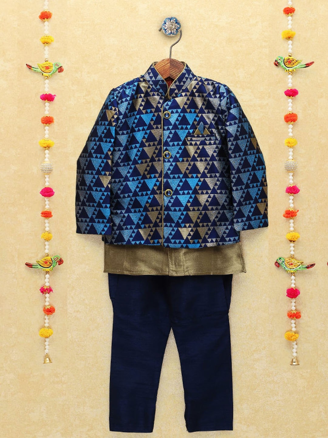 

BAESD Boys Mandarin Collar Straight Kurta With Pyjama With Waistcoat, Blue