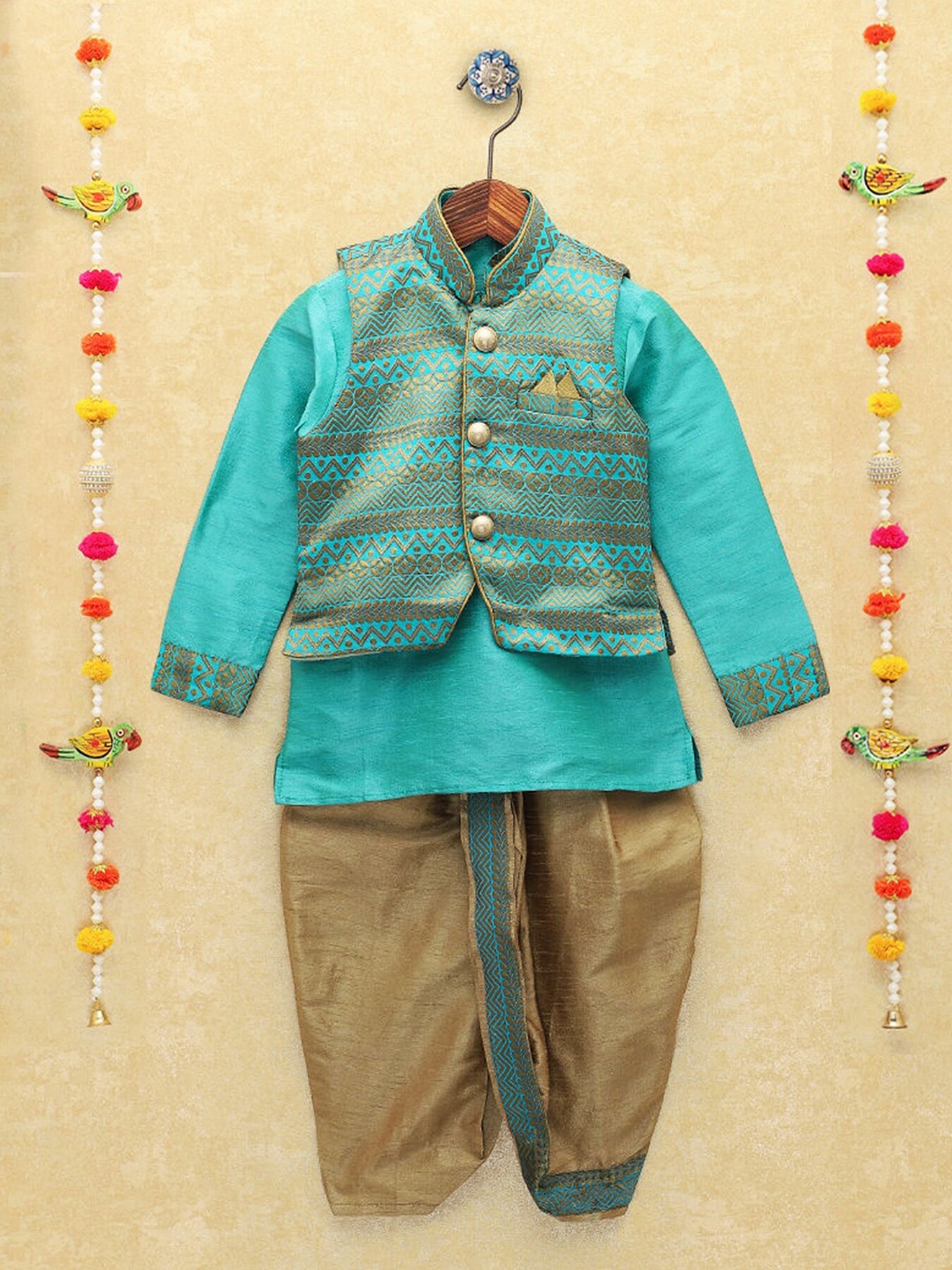 

BAESD Boys Ethnic Motifs Printed Mandarin Collar Straight Kurta With Pyjama With Waistcoat, Turquoise blue