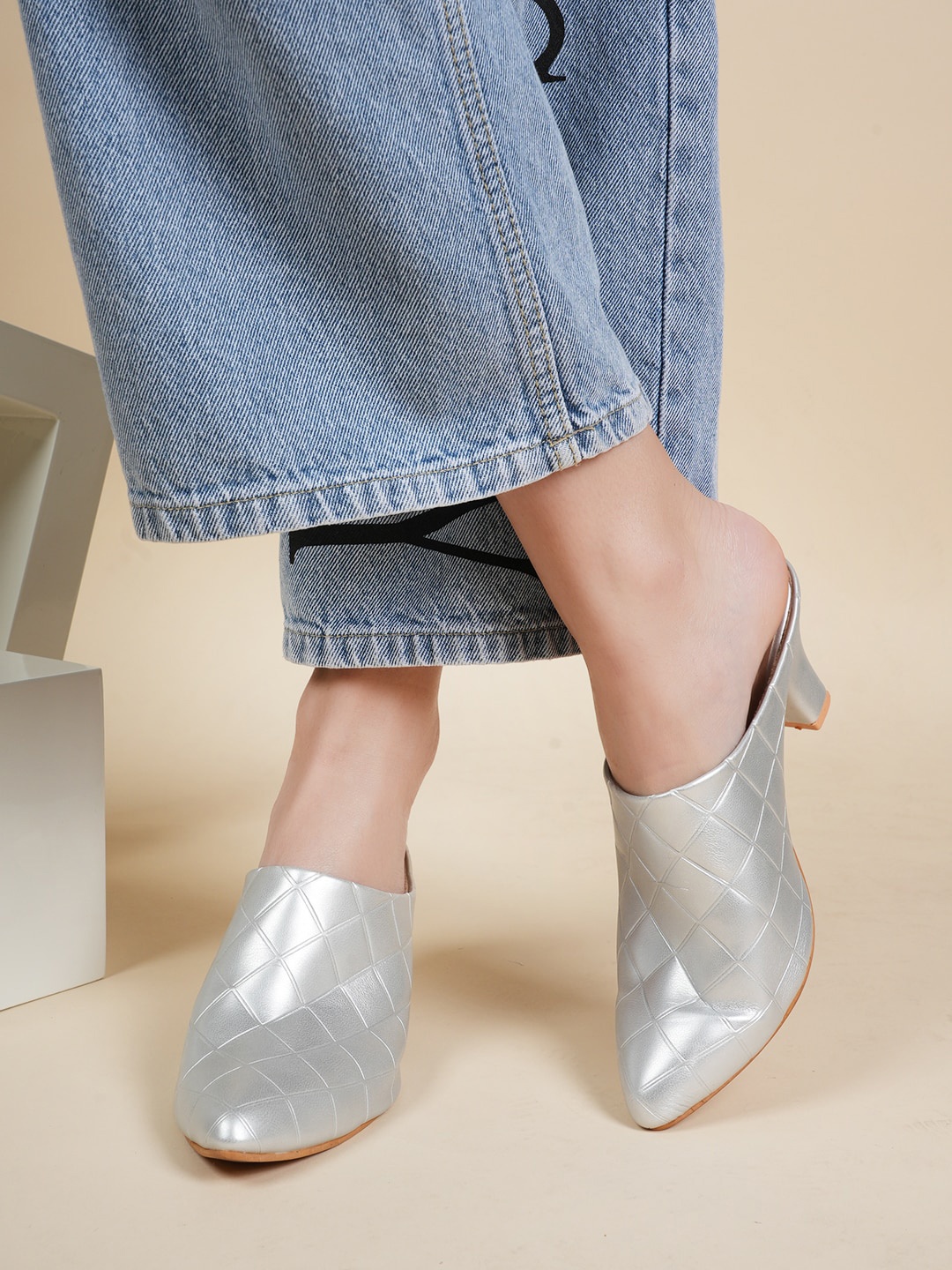 

DressBerry Silver Toned Textured Block Heeled Mules