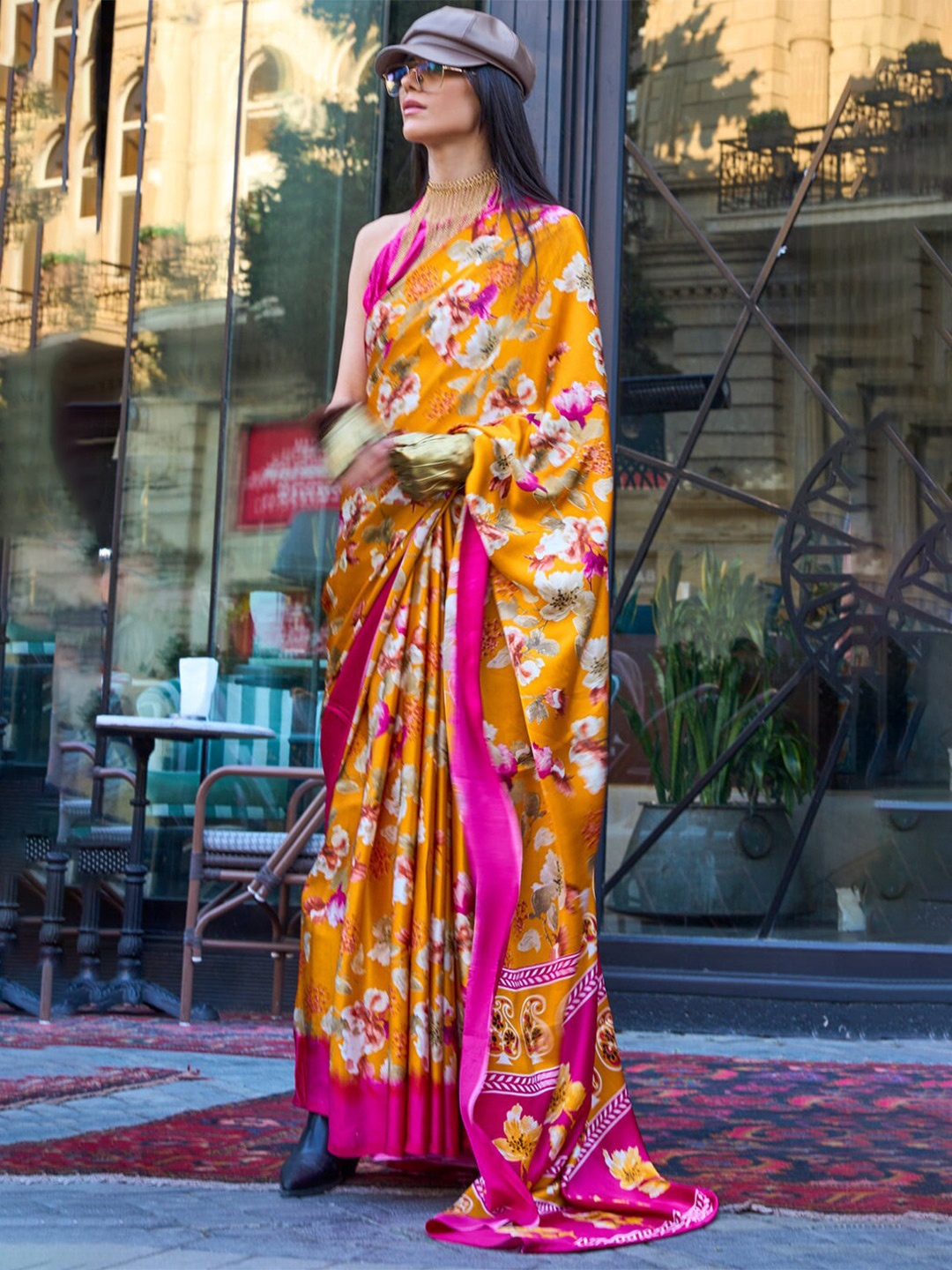 

MySilkLove Floral Satin Saree, Yellow