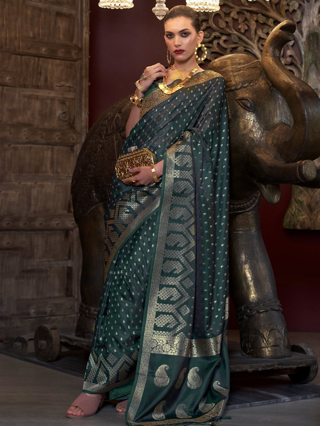 

MySilkLove Woven Design Zari Satin Banarasi Saree, Green