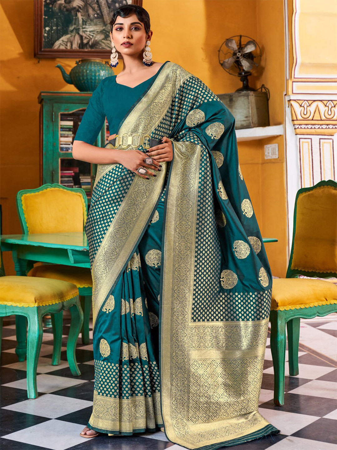 

MySilkLove Woven Design Zari Silk Blend Banarasi Saree, Turquoise blue