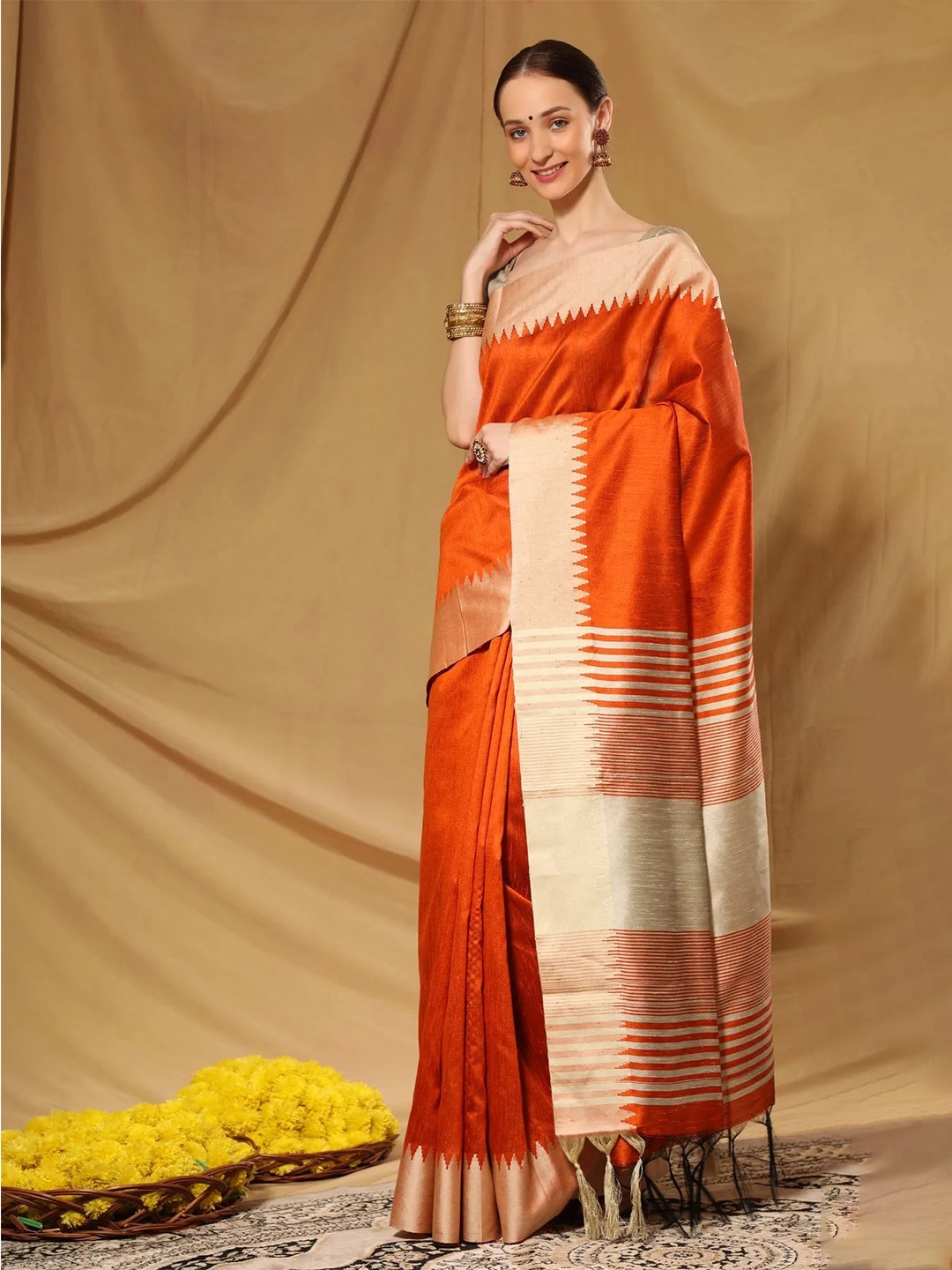 

MySilkLove Zari Silk Blend Bhagalpuri Saree, Orange