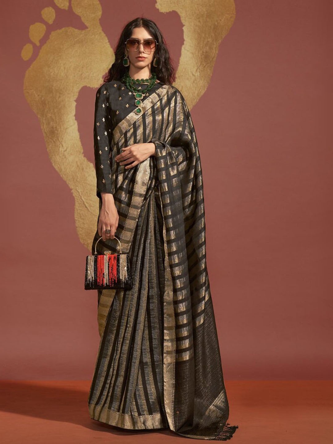 

MySilkLove Striped Zari Silk Blend Banarasi Saree, Black