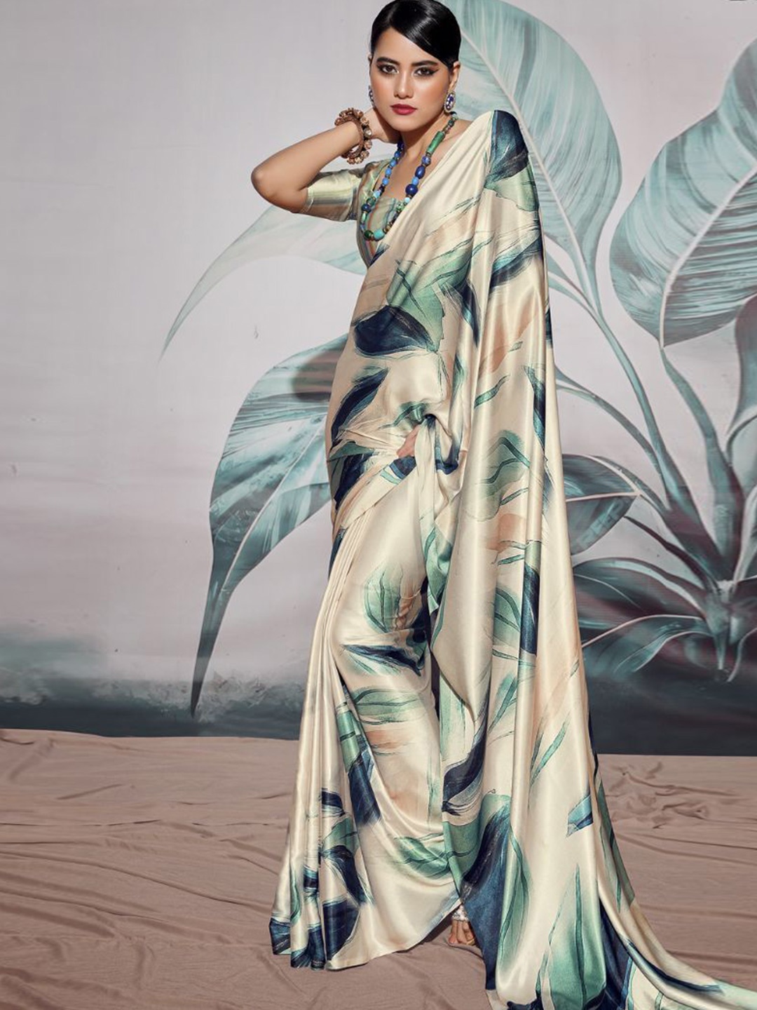 

MySilkLove Floral Satin Saree, Cream