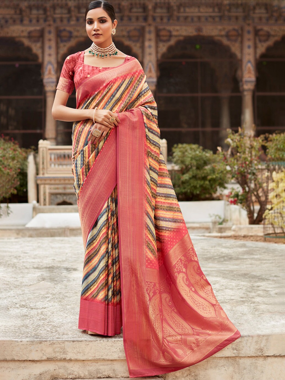 

MySilkLove Striped Zari Silk Blend Designer Banarasi Saree, Pink