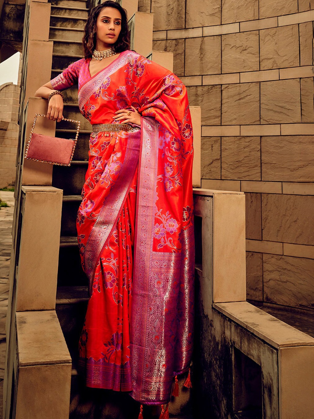 

MySilkLove Woven Design Zari Silk Blend Banarasi Saree, Orange
