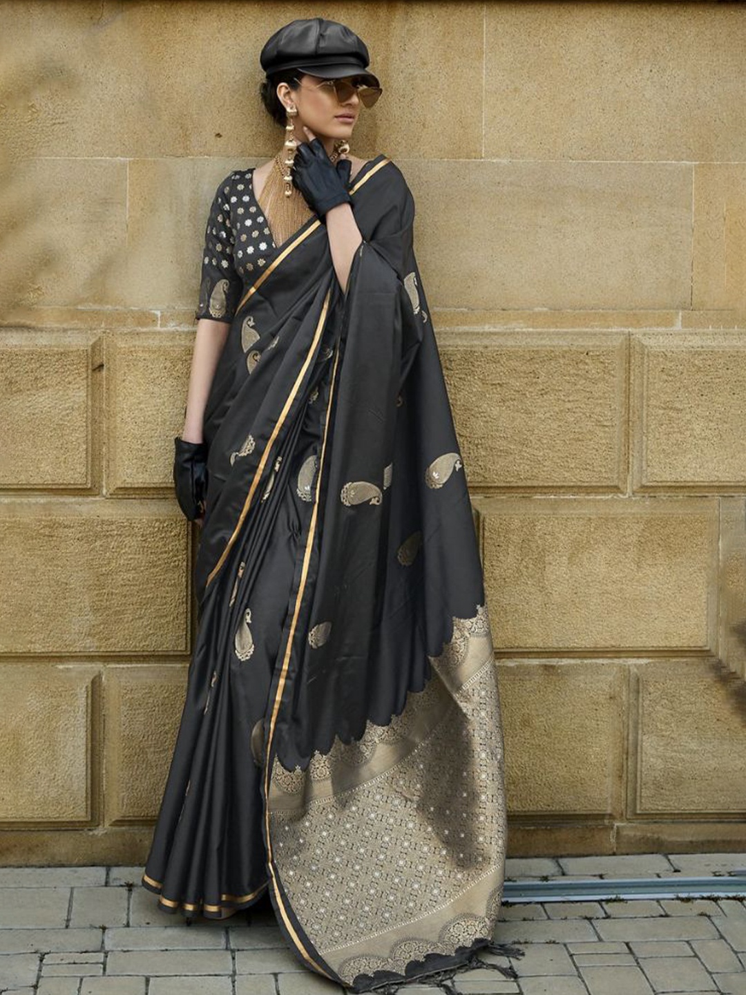 

MySilkLove Paisley Zari Satin Banarasi Saree, Black