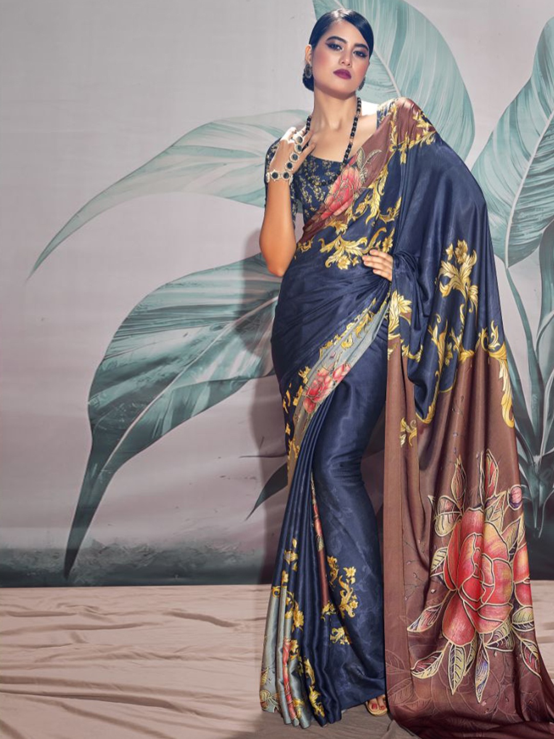 

MySilkLove Floral Satin Saree, Blue