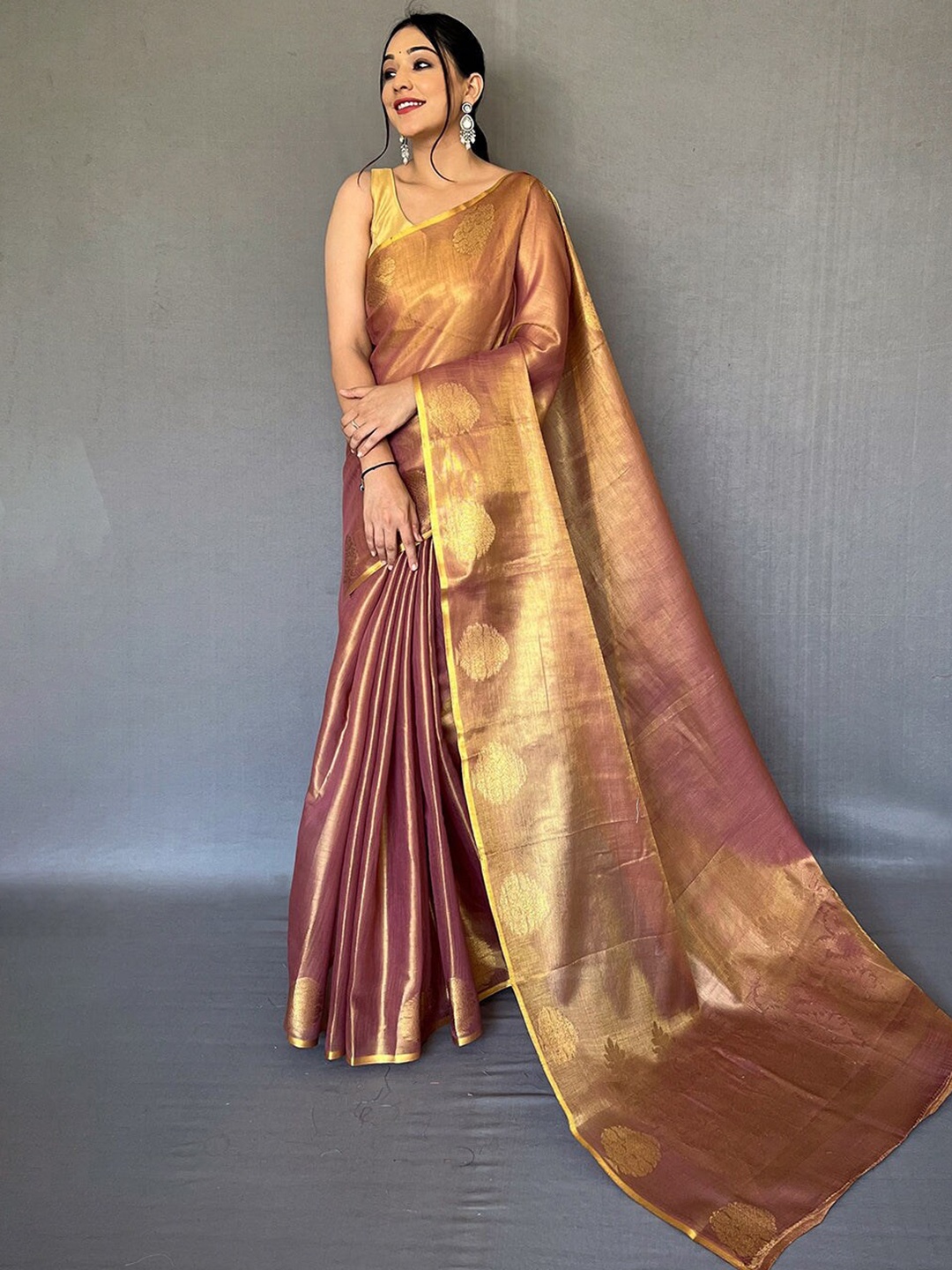 

MySilkLove Ethnic Motifs Tissue Handloom Banarasi Saree, Brown