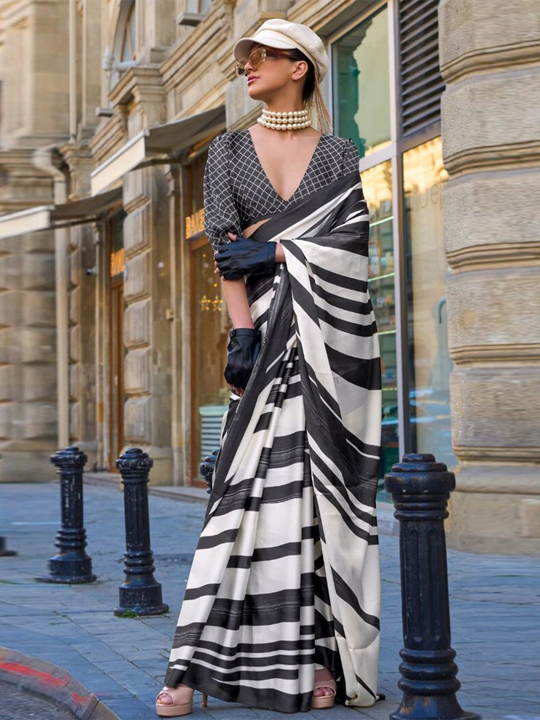 

MySilkLove Striped Satin Saree, Black