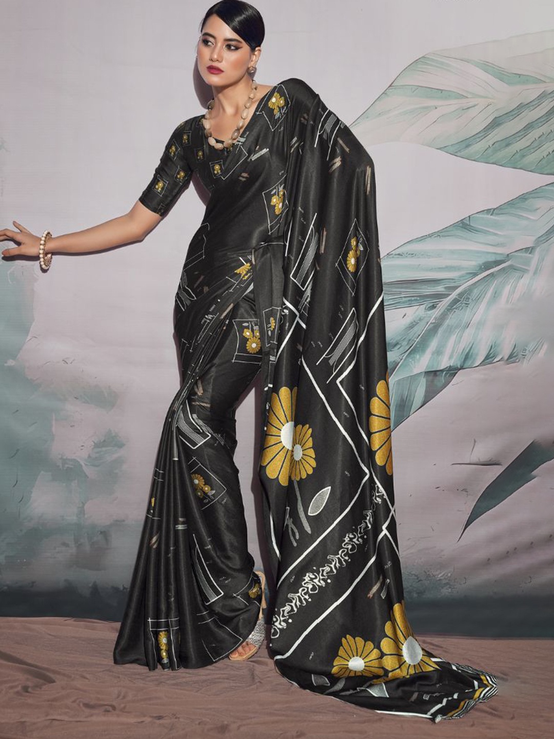 

MySilkLove Floral Satin Saree, Black