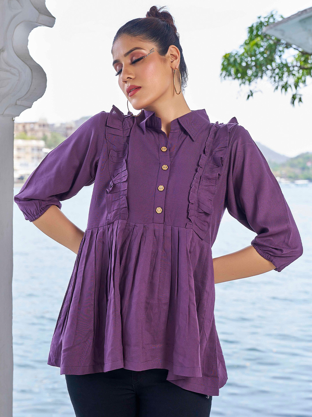 

PEACH PIPER Shirt Collar Tunic, Purple
