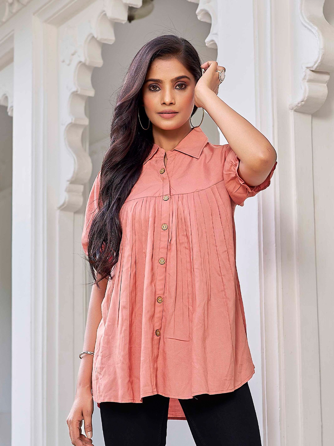 

PEACH PIPER Shirt Collar Gathers Detailed Tunic, Brown