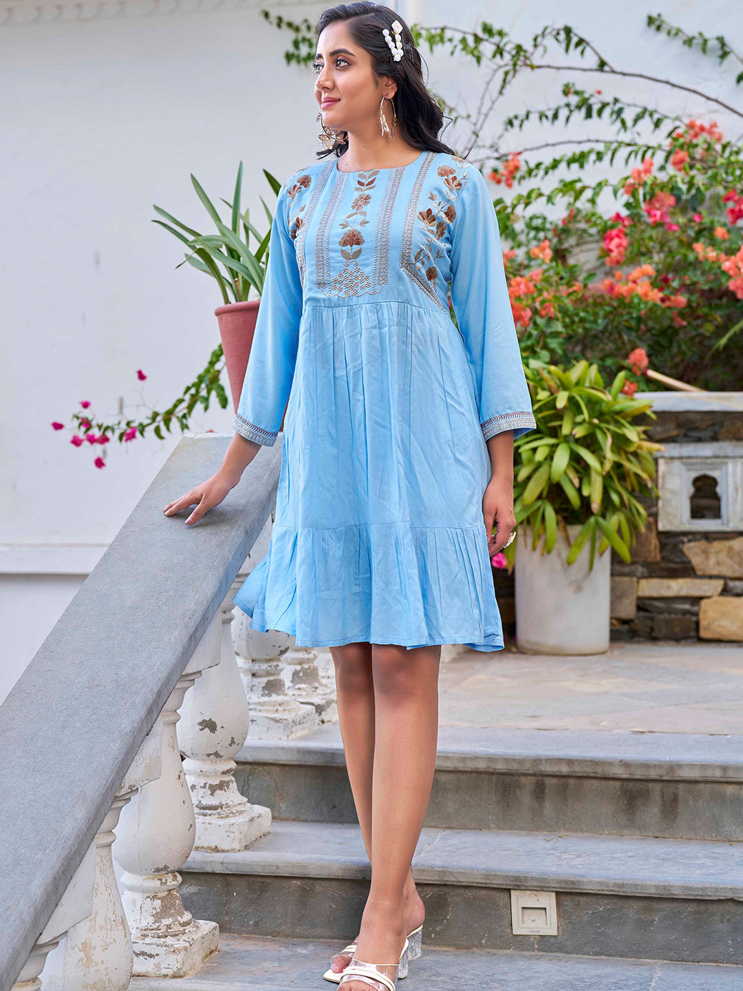 

PEACH PIPER Floral Embroidered Fit & Flare Ethnic Dress, Turquoise blue
