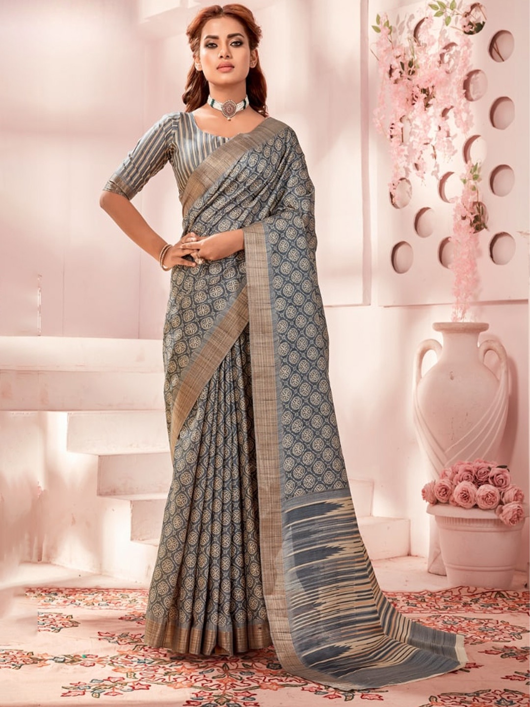 

MySilkLove Ethnic Motifs Silk Blend Designer Kota Saree, Grey